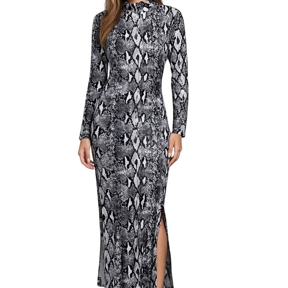 Simplee Snakeskin Print Bodycon Maxi Dress Long Sleeve Stretchy Large